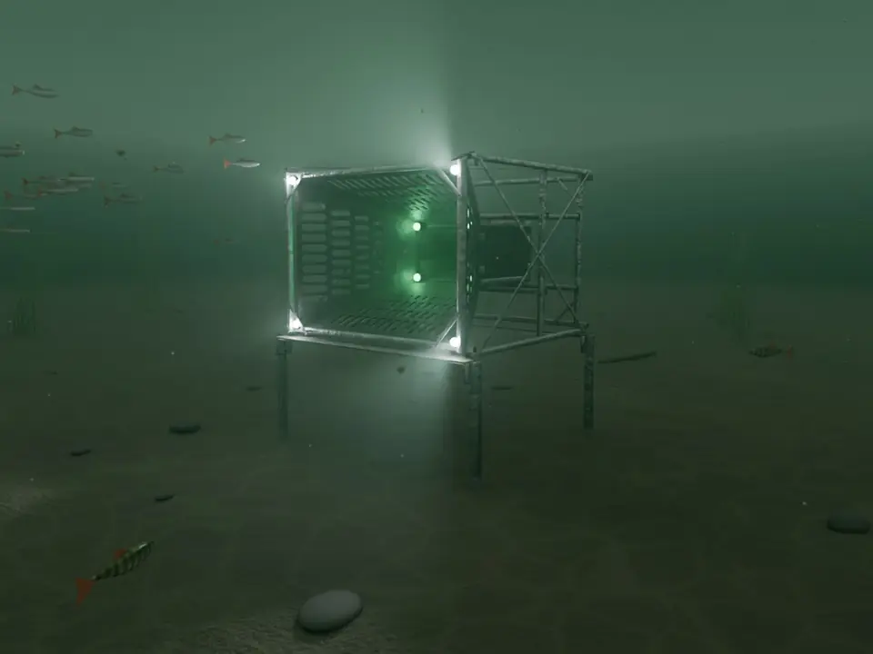 Render of our docking station on a canal bed, drag sideways to rotate it